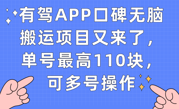 【副业项目7499期】有驾APP口碑无脑搬运项目又来了，单号最高110块，可多号操作-云起副业网