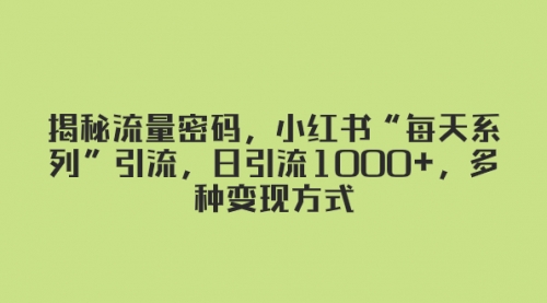 【副业项目8381期】揭秘流量密码，小红书“每天系列”引流，日引流1000+，多种变现方式-云起副业网