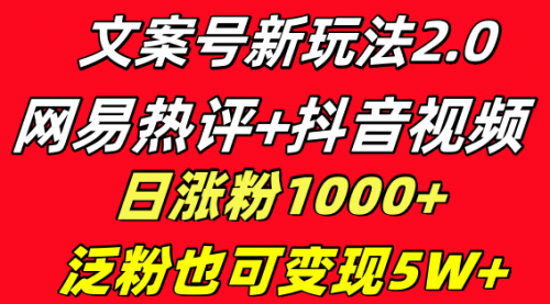【副业项目8628期】文案号新玩法 网易热评+抖音文案 一天涨粉1000+-云起副业网