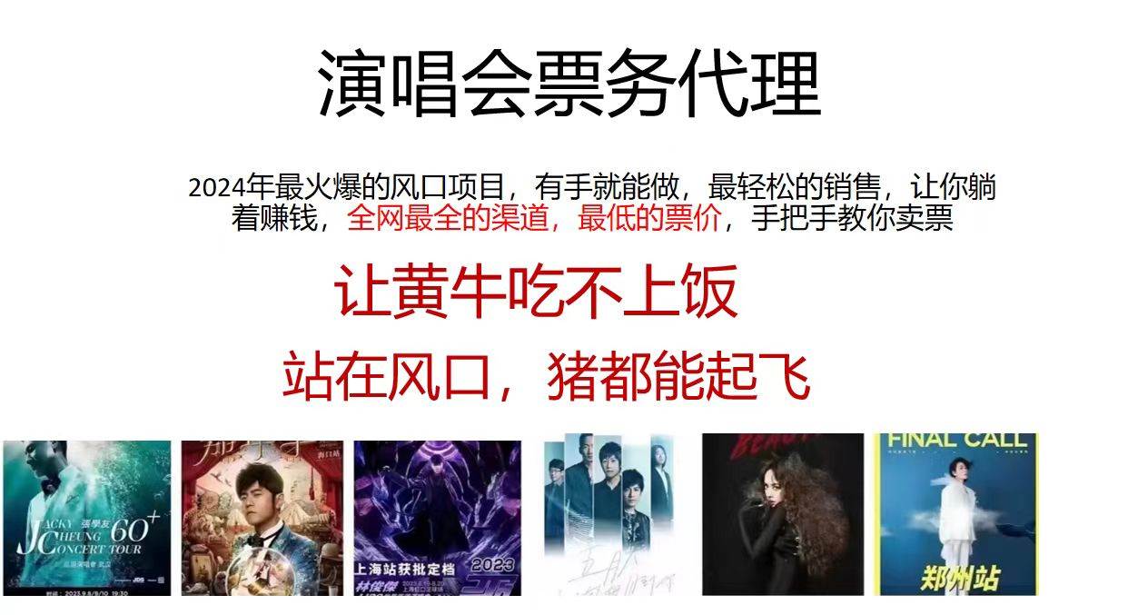 演唱会票务代理，2024年最火爆风口项目，全网最低的票价，小白一分钟上…-云起副业网