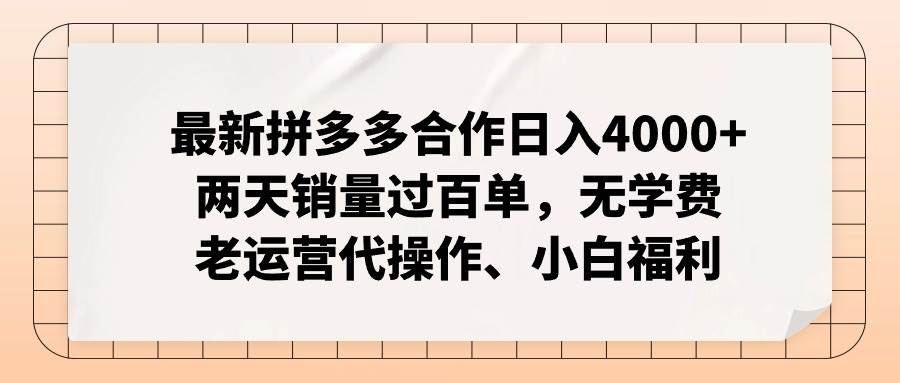 最新拼多多合作日入4000+两天销量过百单，无学费、老运营代操作、小白福利-云起副业网