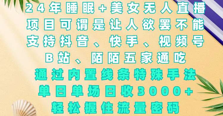24年睡眠+美女无人直播，项目可谓是让人欲罢不能，支持抖音、快手、视频号、B站、陌陌五家通吃，通过内置线条特殊手法，单场日收3000+，轻松握住流量密码-云起副业网