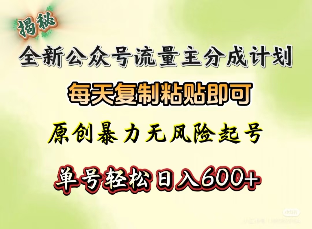全新公众号流量主分成计划,每天复制粘贴即可,原创暴力起号无风险,单号轻松日入600+(揭秘)-云起副业网