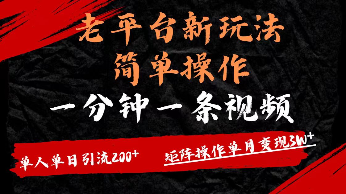老平台，新玩法，简单操作，一分钟一条视频，单人单人引流200+矩阵操作，单月变现3W-云起副业网