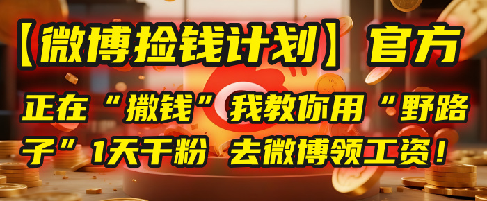 【微博捡钱计划】官方正在“撒钱”，我教你用“野路子”1天千粉，去微博领工资！-云起副业网