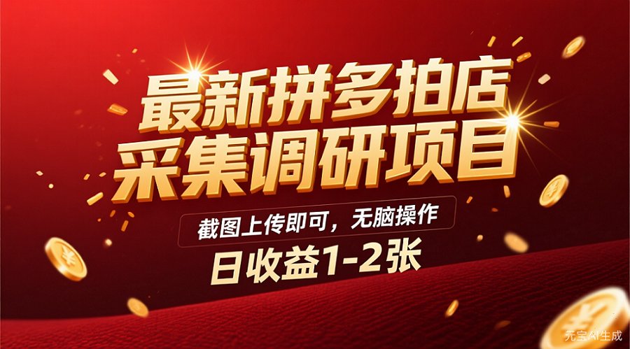 最新拼多多拍店采集调研项目，截图上传即可，无脑操作，日收益1-2张-云起副业网